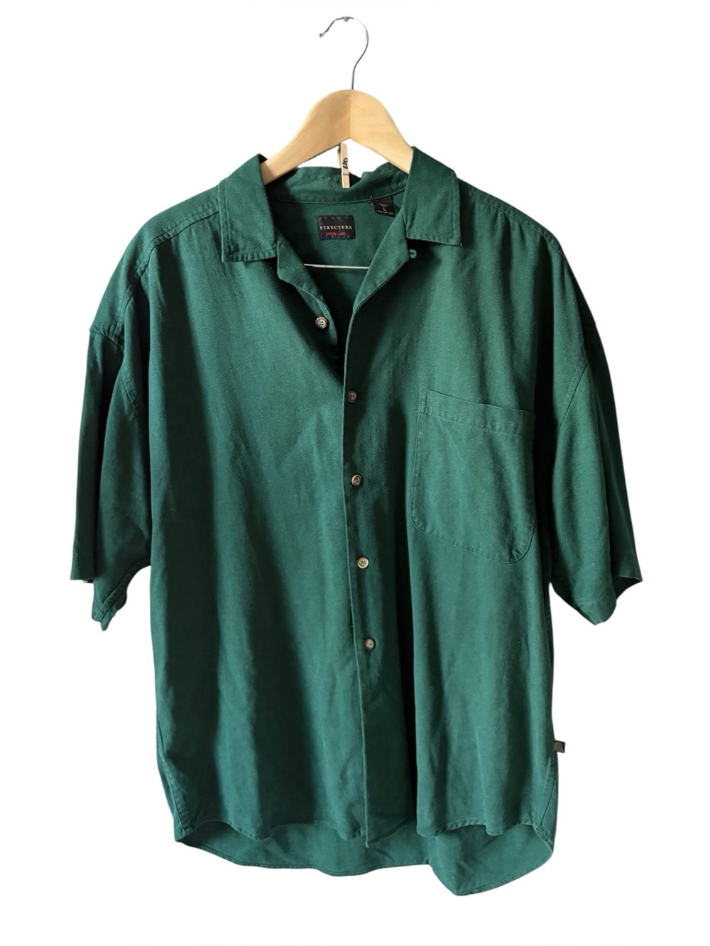 Structure Men’s Raw Silk Button-Down Shirt Large Green Short Sleeve Camp Shirt